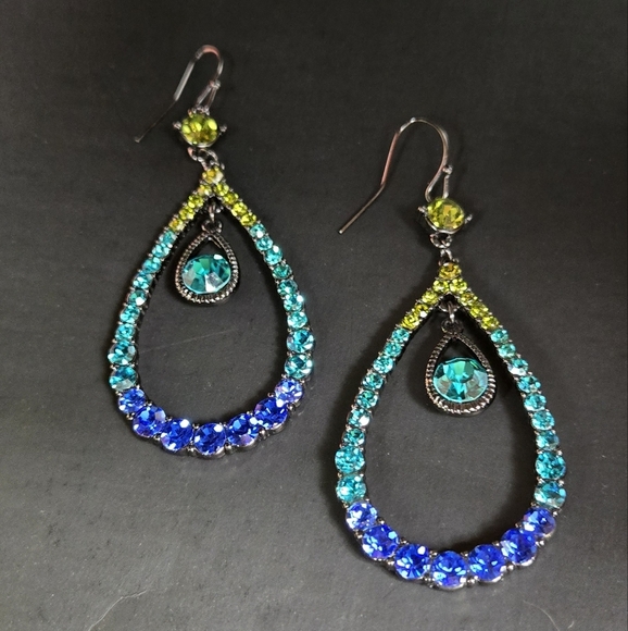 Elegant Blue and Green Rehnistone Teardrop Earrings - Picture 1 of 17